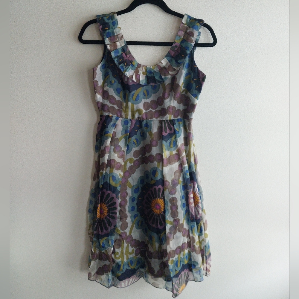 Hoss Intropia 100% Silk Blue & Purple Retro Floral Pintuck Sleeveless Mini Dress